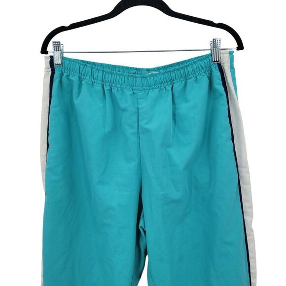 Vtg 80s Turquoise Track Pants L High Rise Drawstring Elastic Waist White Stripe - Picture 8 of 8